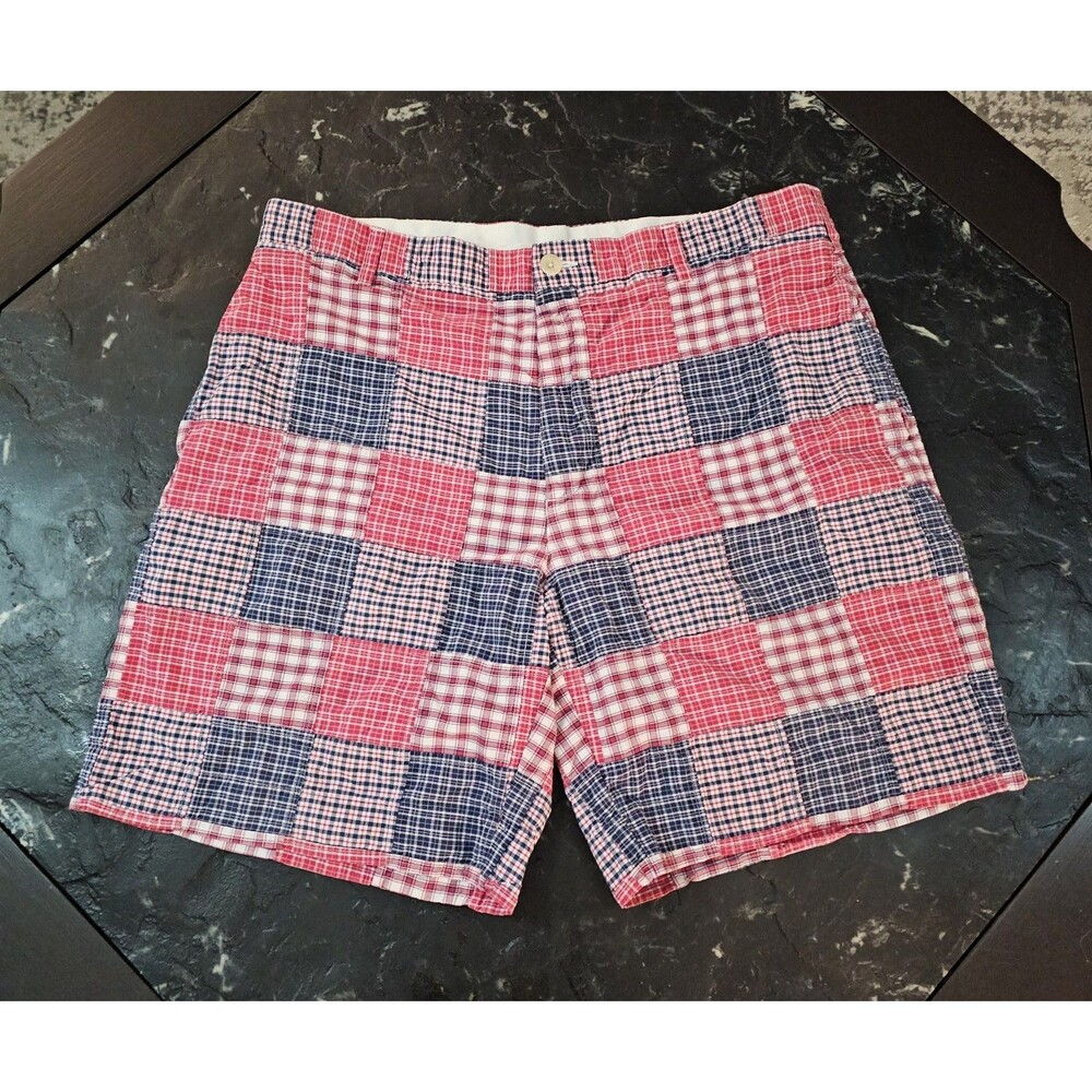 Nautica Patchwork Madras Shorts Mens 38 Relax Fit Red Blue Plaid Coastal Preppy